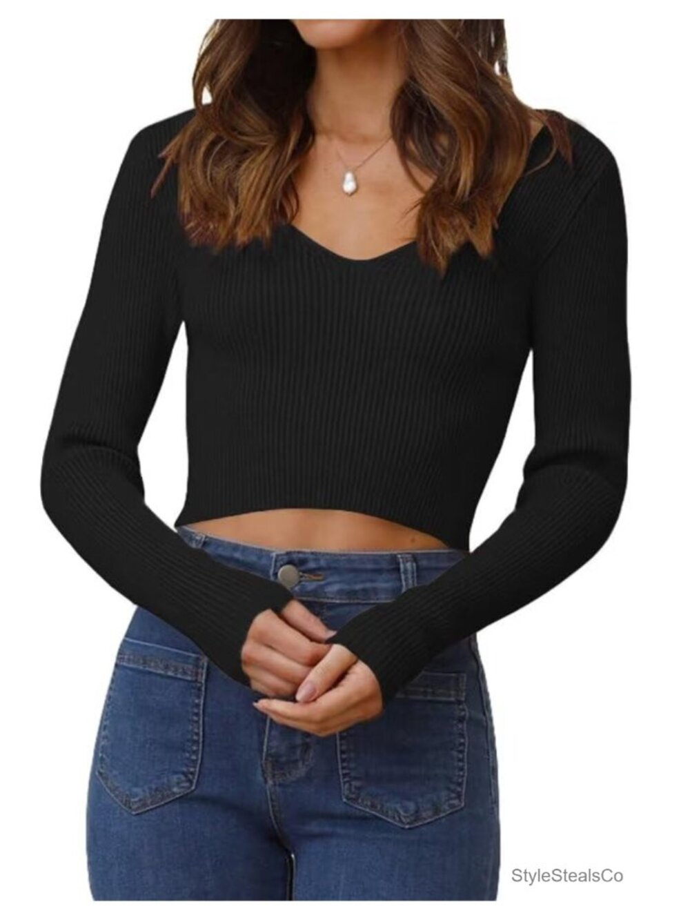 Ezbelle Women's V Neck Ribbed Knit Long Sleeve Crop Top Sweater Pullover